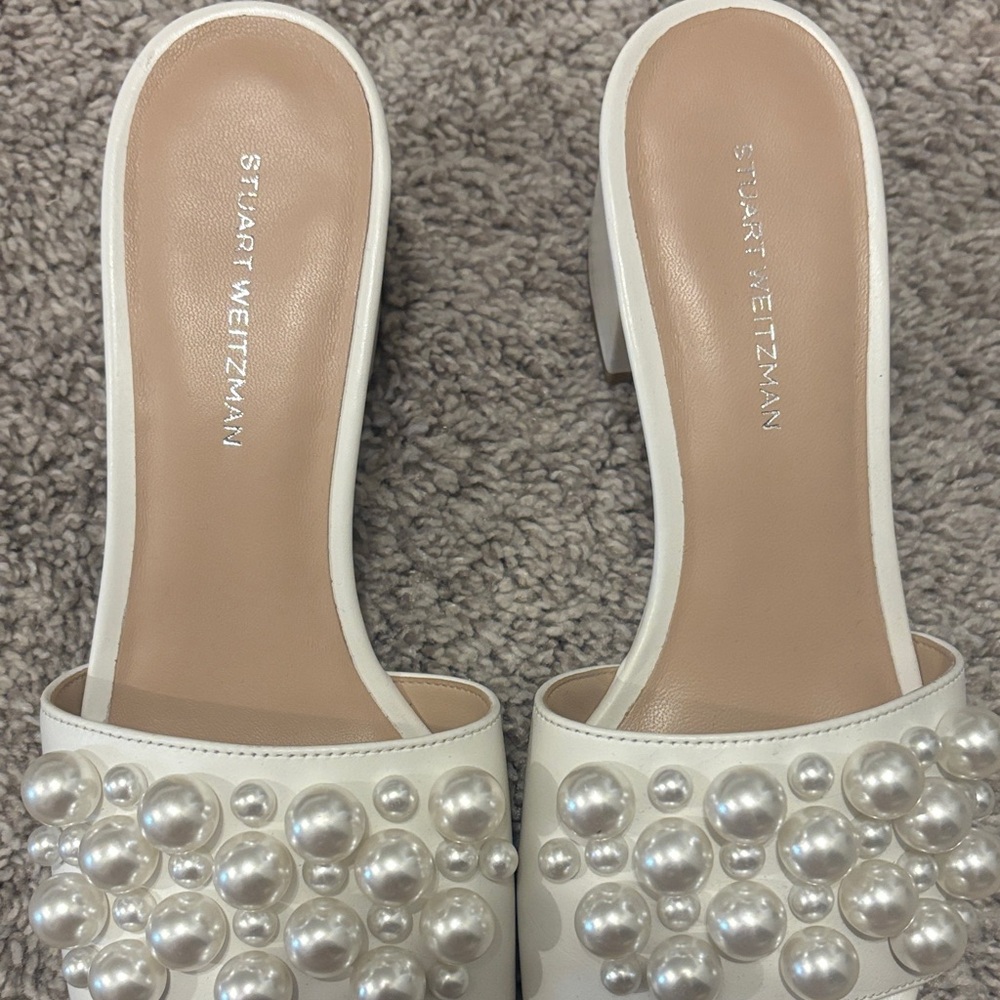 Stuart Weitzman White Pearl-Embellished Slide Mules - Picture 2 of 7